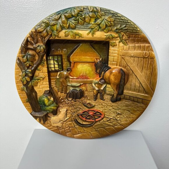 Vintage W.H. Bossons Hand-Painted Wall‎ Plaque Blacksmith Workshop Scene England - Picture 2 of 6